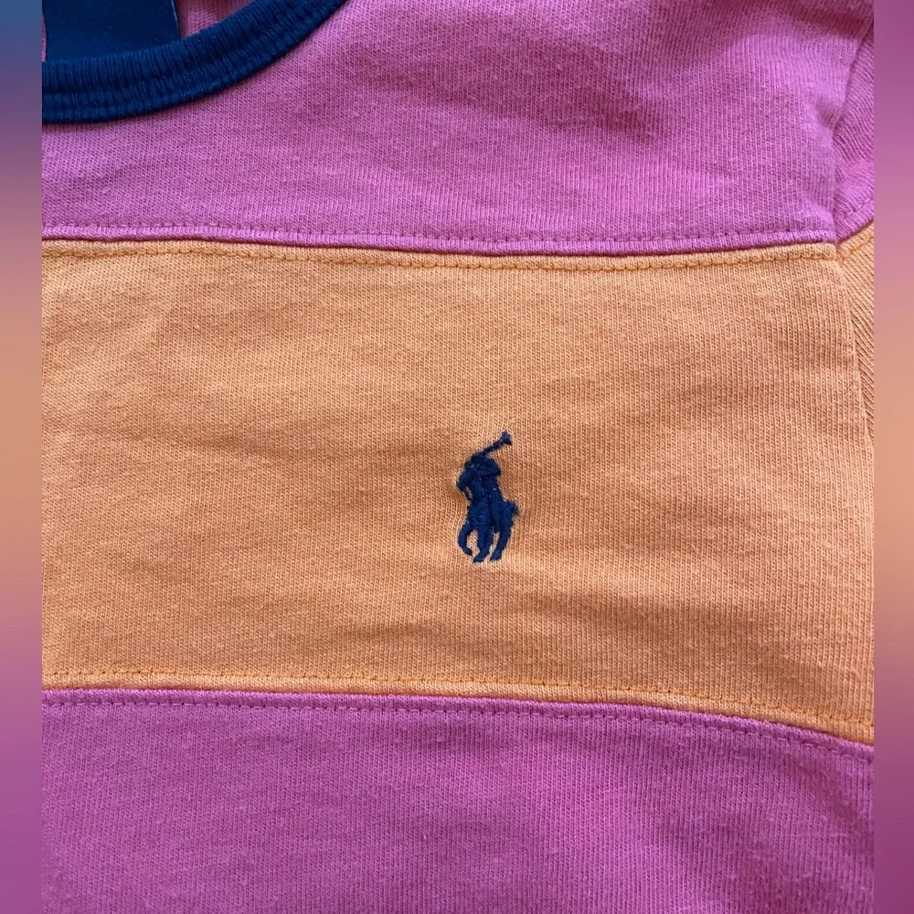 Ralph Lauren Girls’ Sz S Pink/Orange Stripe Crewneck Rugby Style Long Sleeve Top